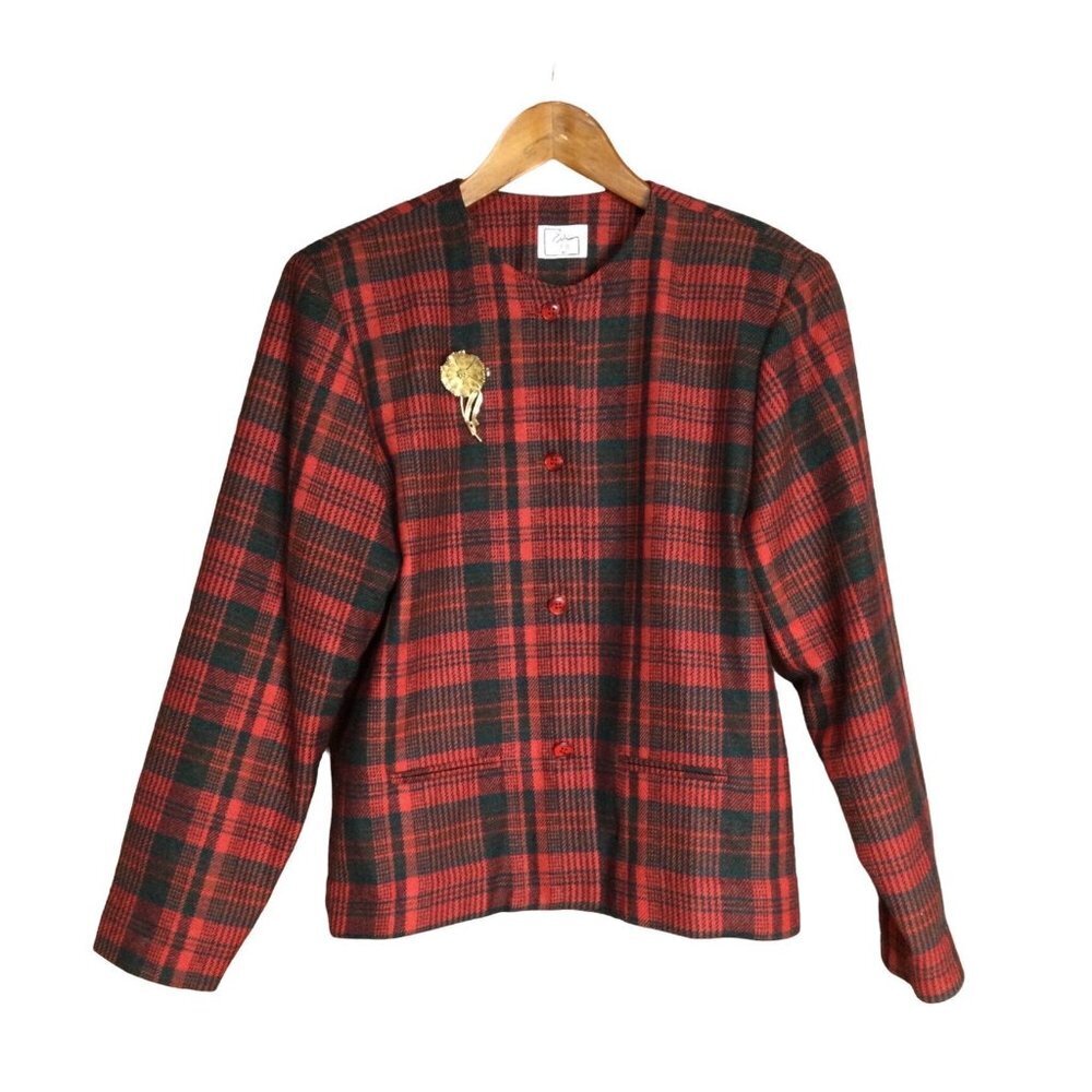 Vintage EVA Women Plaid Button Front Blazer Jacket Wool Blend Flower Brooch